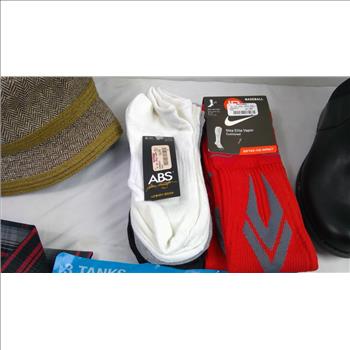 Men's Hanes XL Tanks, Plaid XL Shirt, Women's Size 7 Boots, Hat, And Socks, 6 Pieces