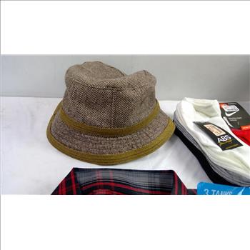 Men's Hanes XL Tanks, Plaid XL Shirt, Women's Size 7 Boots, Hat, And Socks, 6 Pieces
