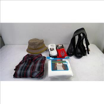 Men's Hanes XL Tanks, Plaid XL Shirt, Women's Size 7 Boots, Hat, And Socks, 6 Pieces