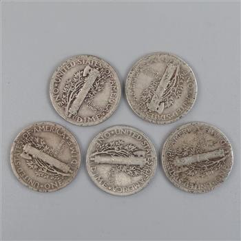 Mercury Silver Dimes, 5 Pieces