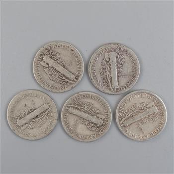 Mercury Silver Dimes, 5 Pieces