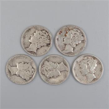 Mercury Silver Dimes, 5 Pieces