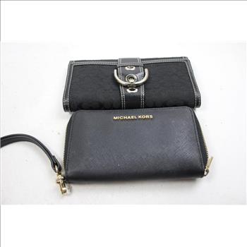 Michael Kors Pink Handbag With Black Michael Kors Wallet, And Coach Wallet