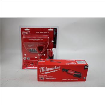 Milwaukee M12 Cordless Ratchet, M12 12 Volt Lithium-ion Battery Charger & Battery, Icon Shallow Socket Set 3 Pieces