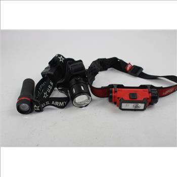 Milwaukee, US Army Headlamps, Adidas, Seattle Supersonics Hats, Flashlight, 5 Pieces