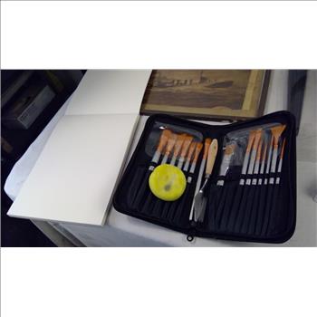 Misc Art Supplies, Antique Newspaper Clipping In Frame, Black Storage Box