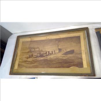 Misc Art Supplies, Antique Newspaper Clipping In Frame, Black Storage Box