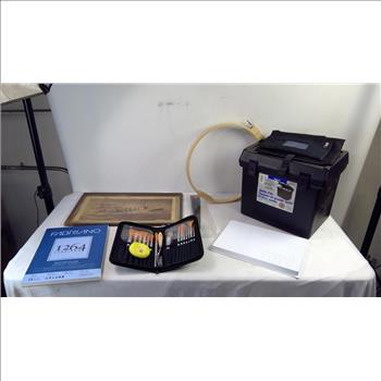 Misc Art Supplies, Antique Newspaper Clipping In Frame, Black Storage Box