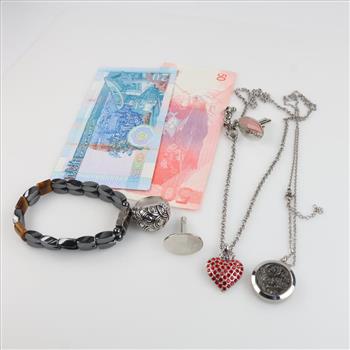 Mixed Jewelry And Foreign Currency, 7 Pieces