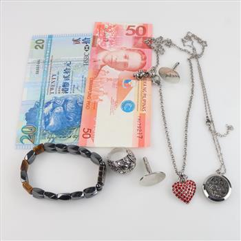 Mixed Jewelry And Foreign Currency, 7 Pieces
