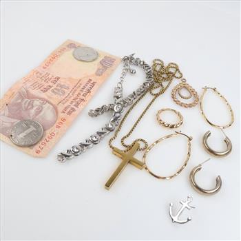 Mixed Jewelry And Foreign Currency, 9+ Pieces