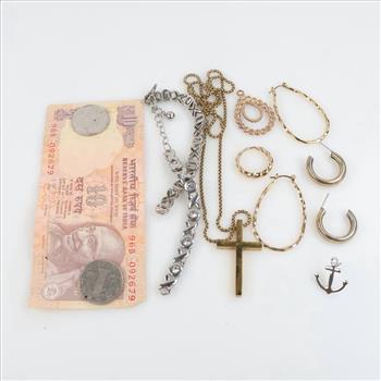 Mixed Jewelry And Foreign Currency, 9+ Pieces