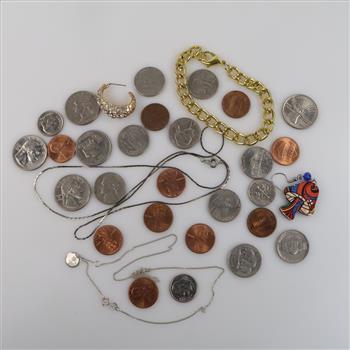 Mixed Jewelry And US Currency, 30+ Pieces (Including 1 Silver Necklace)