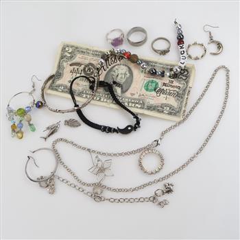 Mixed Jewelry And US Federal Reserve Note 2 Dollar Bill, 10+ Pieces