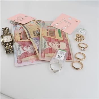 Mixed Jewelry And Watch With Foreign Currency, 11 Pieces