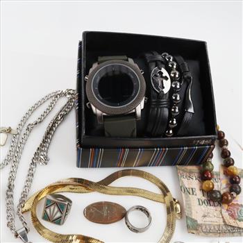 Mixed Jewelry And Watch With Foreign Currency And Tokens, 18+ Pieces