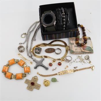 Mixed Jewelry And Watch With Foreign Currency And Tokens, 18+ Pieces