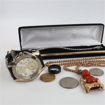 Mixed Jewelry And Watch With US And Foreign Coins, 5+ Pieces