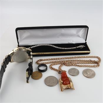 Mixed Jewelry And Watch With US And Foreign Coins, 5+ Pieces