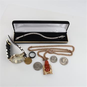 Mixed Jewelry And Watch With US And Foreign Coins, 5+ Pieces