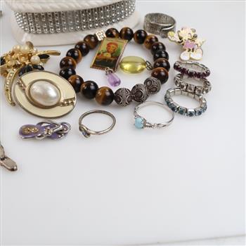 Mixed Jewelry, Foreign Coins & Jewelry Box, 20+ Pieces