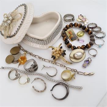 Mixed Jewelry, Foreign Coins & Jewelry Box, 20+ Pieces