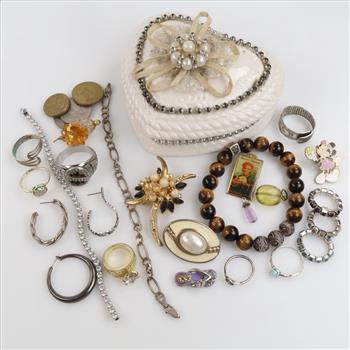 Mixed Jewelry, Foreign Coins & Jewelry Box, 20+ Pieces