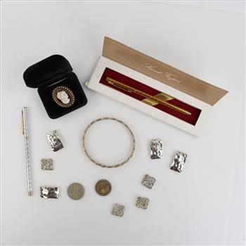 Mixed Jewelry, Set Of Pens And Foreign Currency, 7+ Pieces