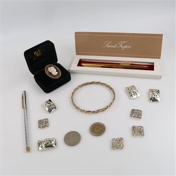 Mixed Jewelry, Set Of Pens And Foreign Currency, 7+ Pieces