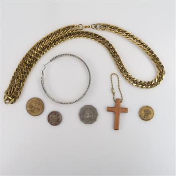 Mixed Jewelry, US And Foreign Currency And Tokens, 7 Pieces