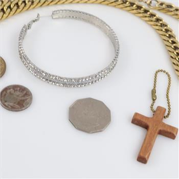 Mixed Jewelry, US And Foreign Currency And Tokens, 7 Pieces