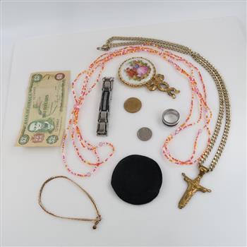 Mixed Jewelry, US & Foreign Currency, 9+ Pieces