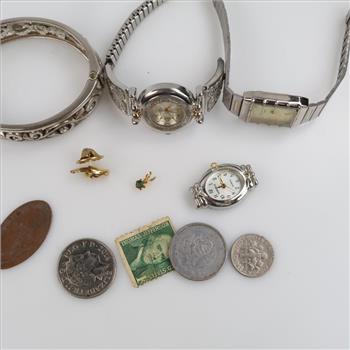 Mixed Jewelry, Watches, US & Foreign Currency, Stamp 7+ Pieces
