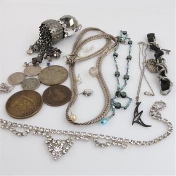 Mixed Jewelry With Foreign And US Currency And Tokens, 8+ Pieces