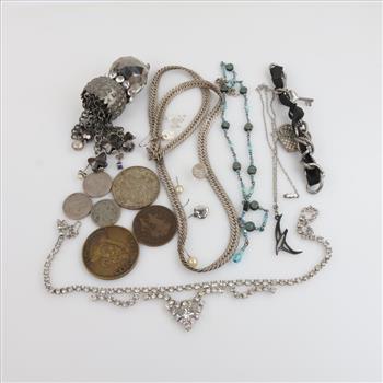 Mixed Jewelry With Foreign And US Currency And Tokens, 8+ Pieces
