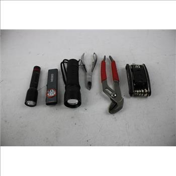 Mixed Tool Lot - Adjustable Wrench, Flashlights, Pliers, And More, 16 Pieces