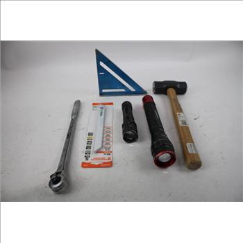 Mixed Tool Lot - Collins Axe Engineer Hammer, Mallet, Stanley Wonder Bar, 12 Pieces