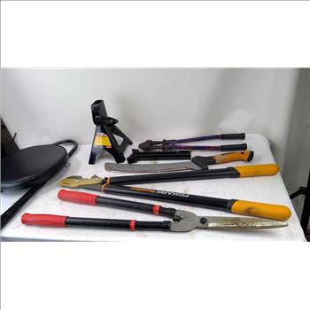 Mixed Tool Lot - Fiskars Power Gear Loppers, Machete, Jack Stand, And More