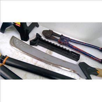 Mixed Tool Lot - Fiskars Power Gear Loppers, Machete, Jack Stand, And More