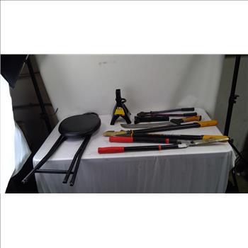 Mixed Tool Lot - Fiskars Power Gear Loppers, Machete, Jack Stand, And More