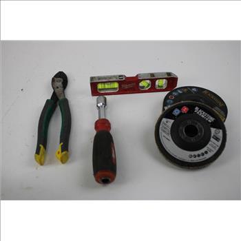 Mixed Tool Lot In Tool Bag - Grinding Wheels, Milwaukee Level, Clamp Meter, And More