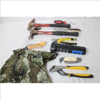 Mixed Tool Lot - Klein Tools Voltage Tester, Ozark Trail Knife, Hammers, And More