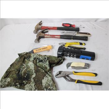 Mixed Tool Lot - Klein Tools Voltage Tester, Ozark Trail Knife, Hammers, And More
