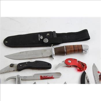 Mossy Oak Fixed Blade Knife With Sheath & Folding Pocket Knives; 5+ Pieces