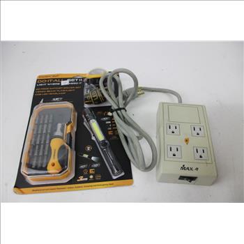 Motorola Receiver, Do-It-All Tool Set, Leader Electronics AC Adapter, And Surge Protector, 4 Pieces