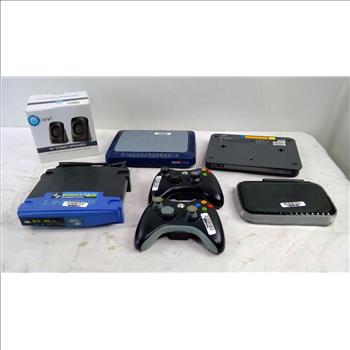 NetGear, Linksys Routers, Onn PC Speakers, Xbox 360 Controllers, SonicWall Node, 7 Pieces