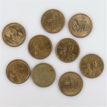 Nine US Sacagawea Dollar Coins