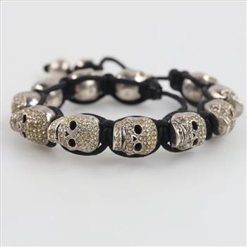 Northskull London Sterling Silver Clear Stone Skull Macrame Bracelet