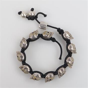Northskull London Sterling Silver Clear Stone Skull Macrame Bracelet
