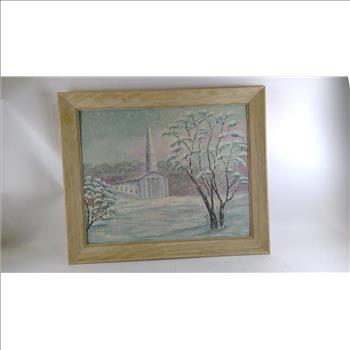 Oil Painting Of Snowy Churchfront